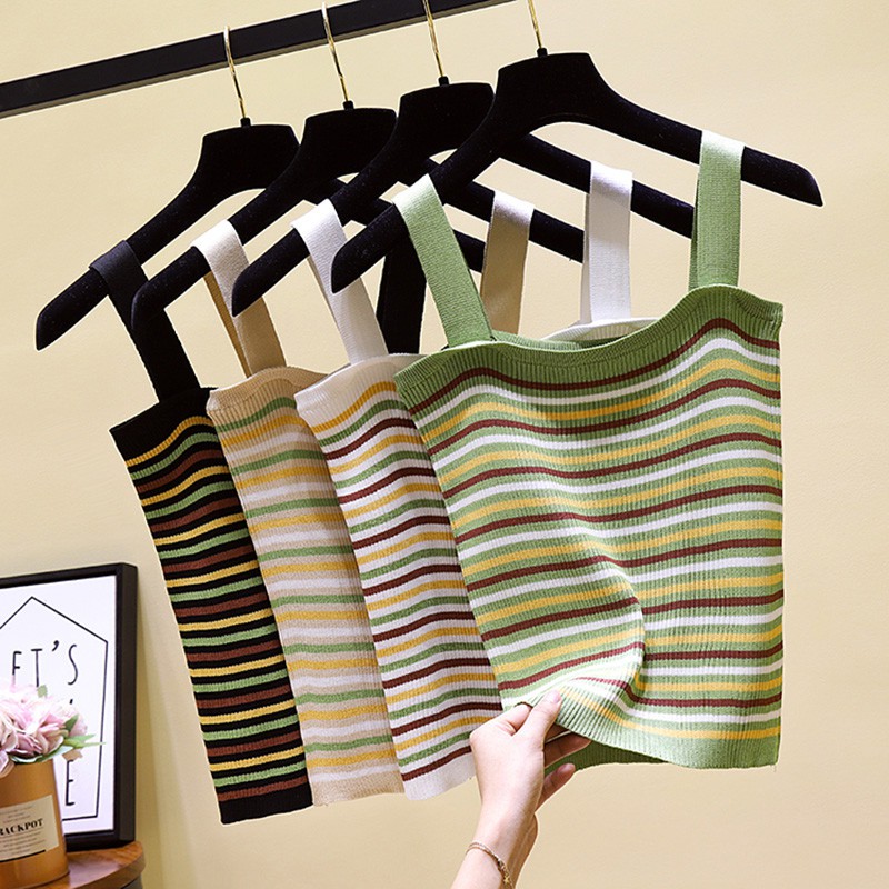 [Baywellfashion]Áo hai dây dệt kim phối họa tiết sọc ngang trẻ trung dành cho nữ | BigBuy360 - bigbuy360.vn