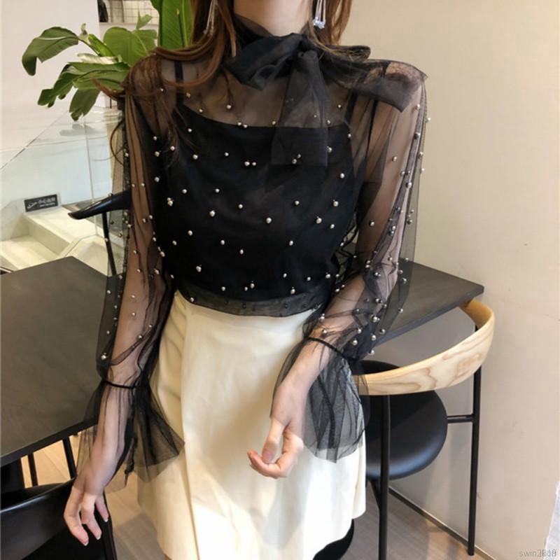 Áo kiểu tay loe dài phối lưới thắt nơ thời trang nữ High quality Tops