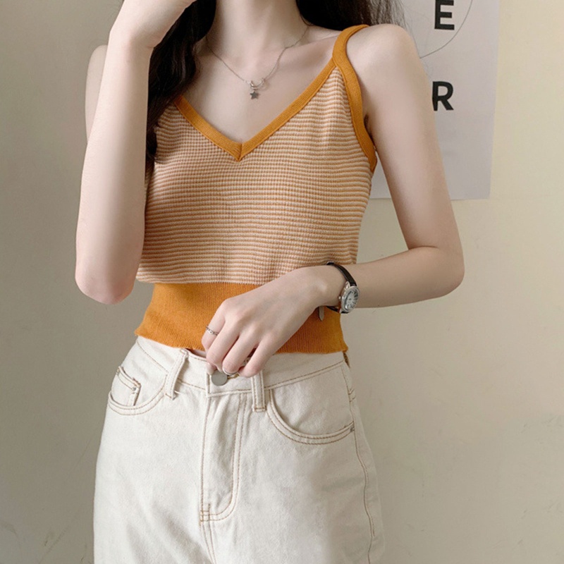 Áo Hai Dây Dệt Kim Cổ Chữ V Họa Tiết Kẻ Sọc Gợi Cảm Cho Nữ