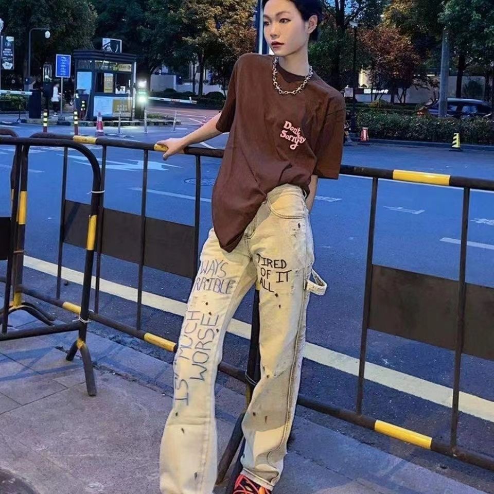 Quần jean kaki ống rộng thêu họa tiết phong cách retro đường phố dành cho nam