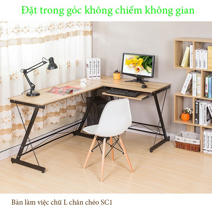 Bàn làm việc chữ L chân chéo- bàn làm việc