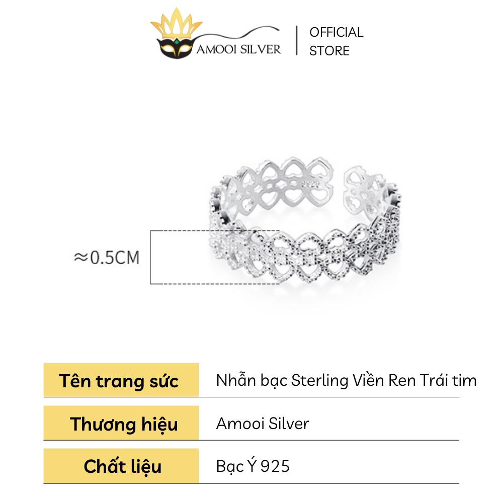 Nhẫn bạc S925 Sterling Viền Ren Hoa Văn Trái Tim Rỗng Freesize - Amooi Silver AN26