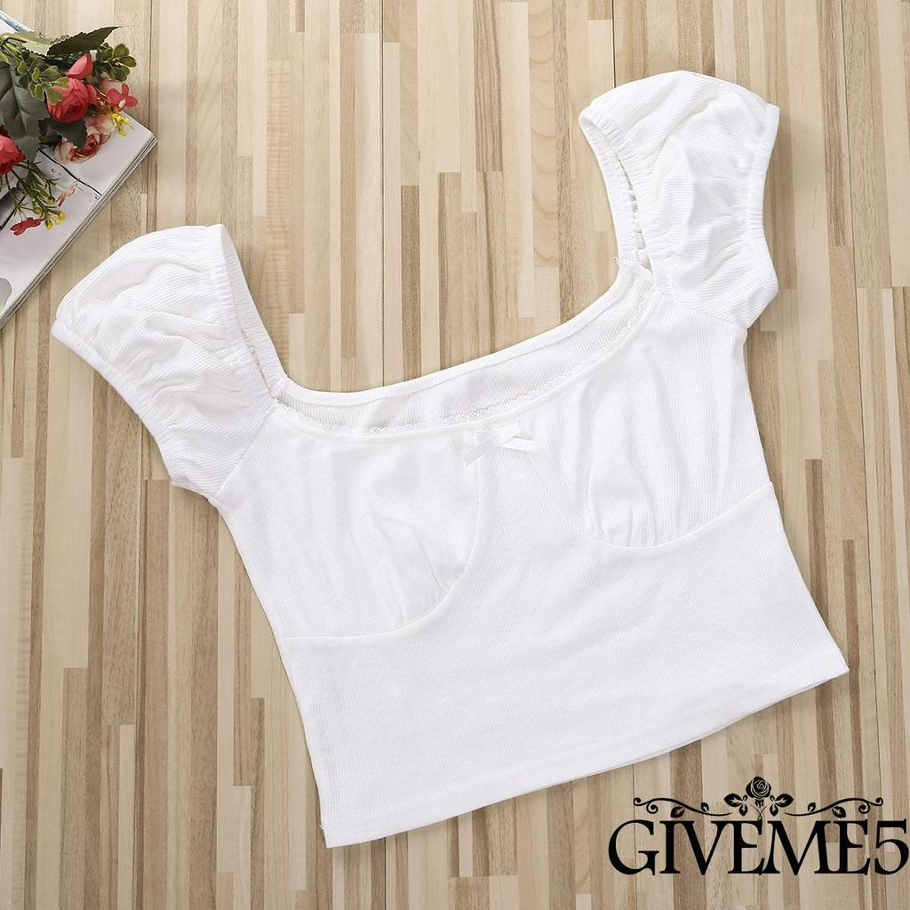 Áo Thun Nữ Tay Ngắn Cổ Vuông Ôm Dáng Phong Cách Retro