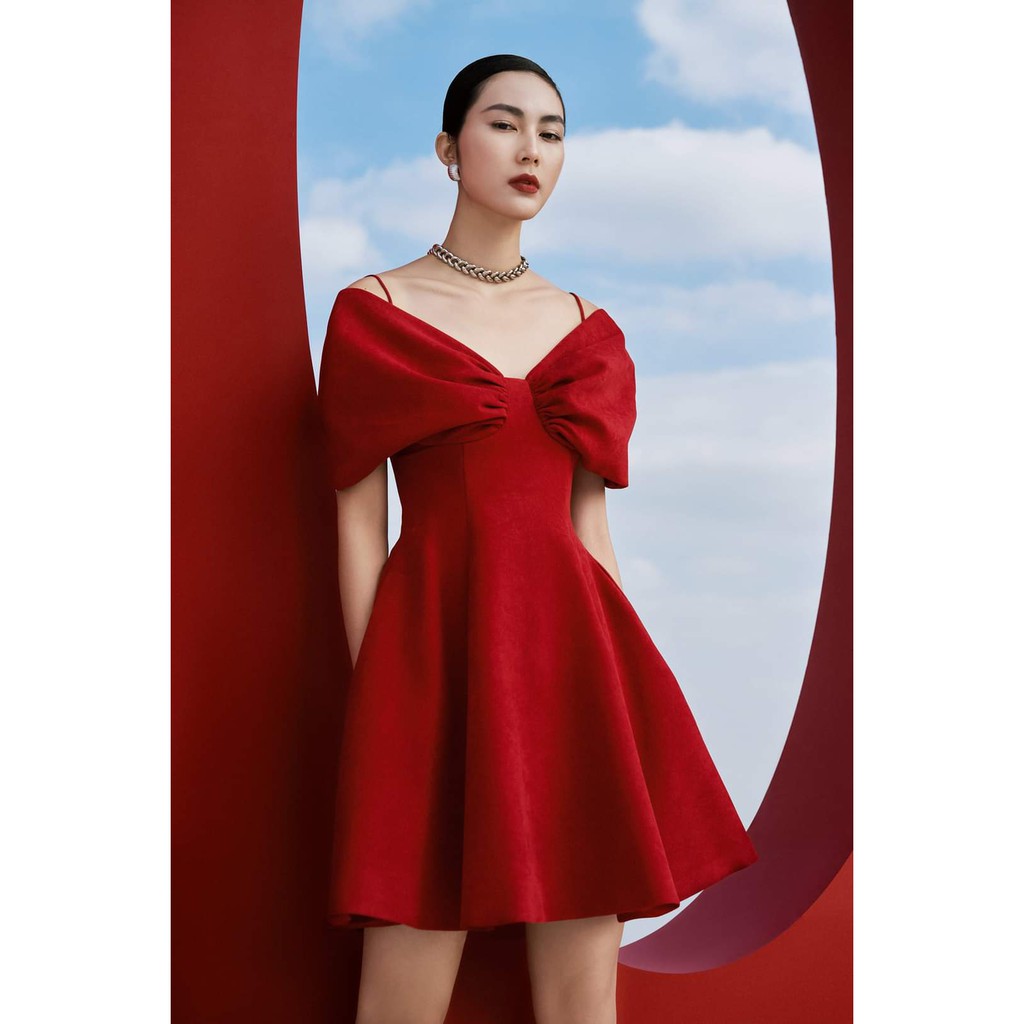 Đầm dáng xòe hai dây hở vai ngang phối nơ (HÀNG CAO CẤP)