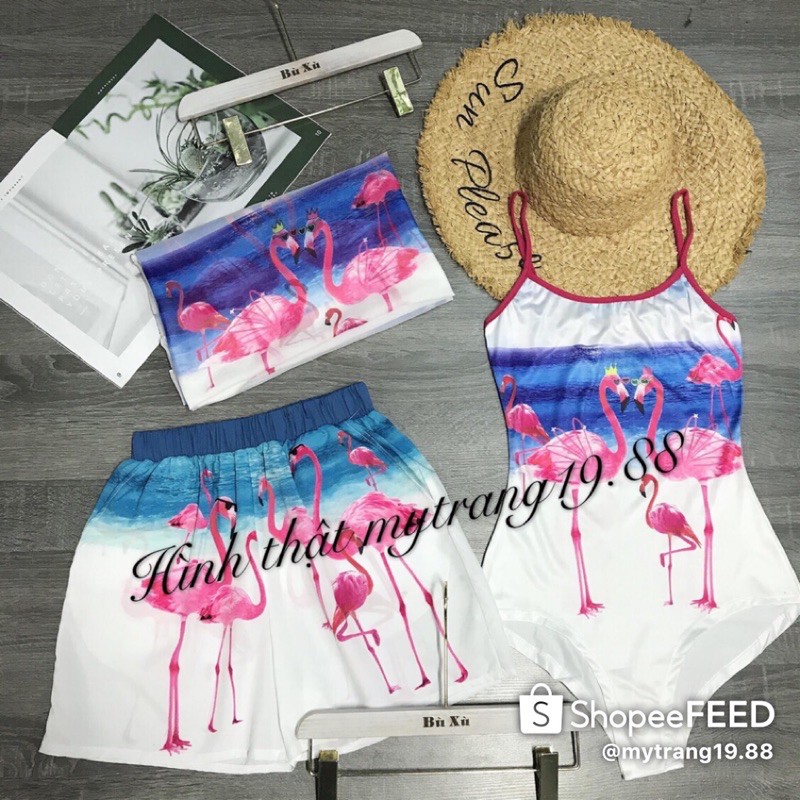 Set Bikini 1 mảnh in hình chim Hạc + Tặng kèm khăn - Set đồ bơi cặp (Bikini+ Quần)