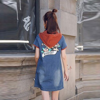 Đầm Jean Oversize Phối Nón In Hình Cao Cấp