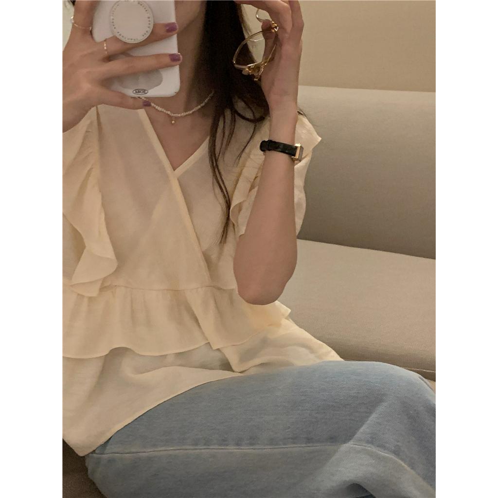 Áo Sơ Mi Nữ Cổ Chữ V Tay Ngắn Xếp Li 51490