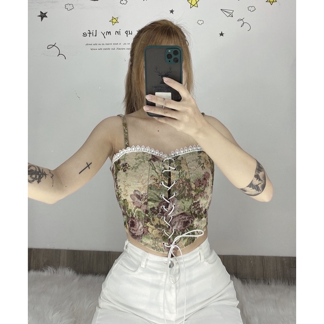 áo hai dây thổ cẩm viền ren croptop , áo hoa retro pháp, áo corset vintage