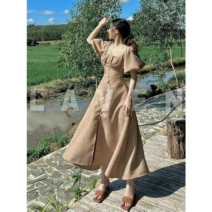 Đầm tiểu thư vintage dáng dài xẻ tà, đầm lụa maxi cổ vuông nhún ngực tay phồng phối nút đi biển, dự tiệc sang chảnh