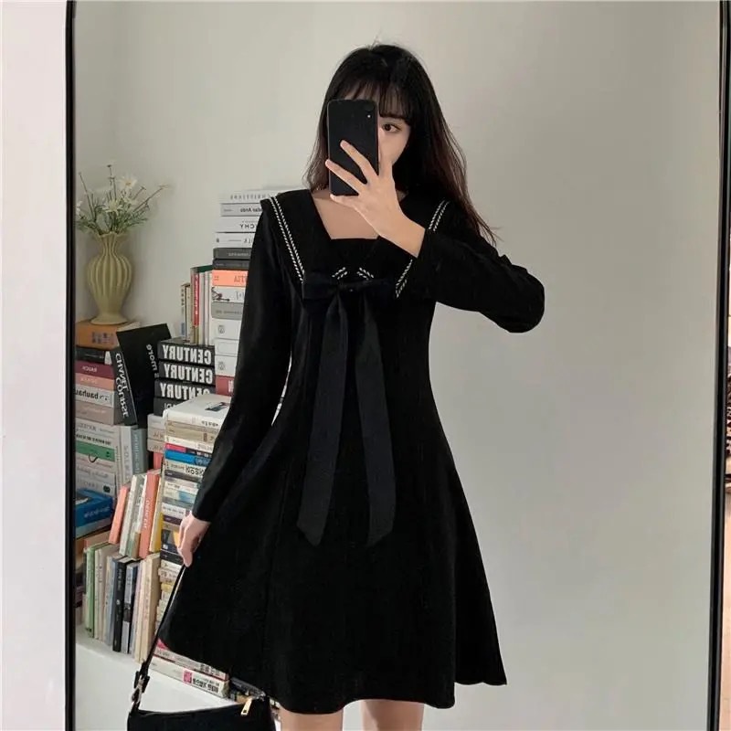 Váy Xòe Nơ To Chất Dày Dặn ⚡️ẢNH THẬT⚡️ Váy Đầm Cotton, Dài Tay, Dáng Xòe Cực Xinh | BigBuy360 - bigbuy360.vn