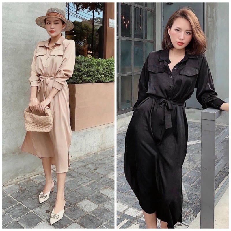 Đầm sơ mi suông túi hộp 2 màu