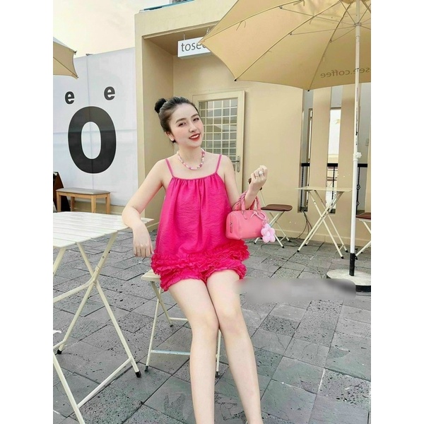 Set Bộ 2 Dây Suôn Viền Bèo Kèm Quần Short Xinh Xắn