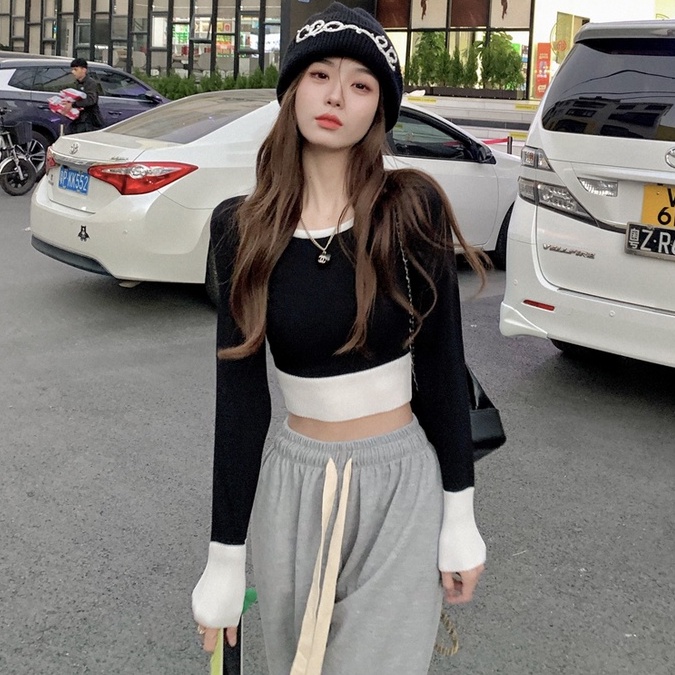 Áo ZHELIHANGFEI dệt kim tay dài hở eo quyến rũ trẻ trung hợp thời trang cho nữ