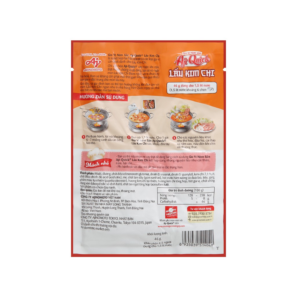 [46g] Gia vị nêm sẵn nấu lẩu kim chi Aji Quick [VN] AJINOMOTO (bph-hk)