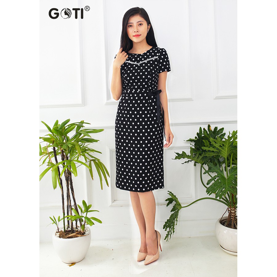 [GOTI - Có Hình Thật - Siêu Chất] Đầm Ôm Công Sở Nữ Dạng Phối Viền Ruy Băng Hoạ Tiết Chấm Bi 3046