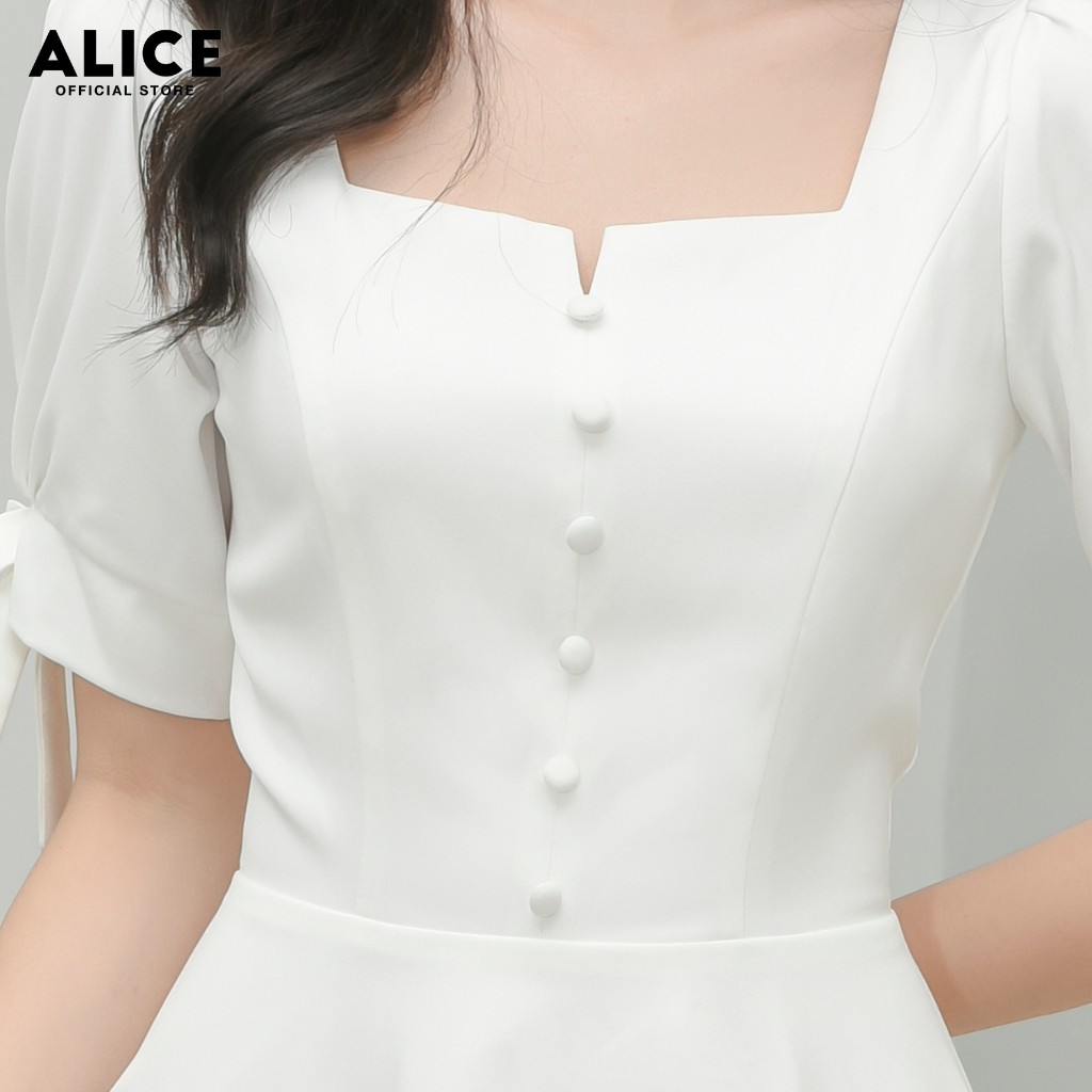 Đầm Thiết Kế Trắng Dự Tiệc ALICE Dáng Xòe Xếp Ly Cổ Vuông Tay Bồng Thắt Nơ Đính Cúc Ngực Trang Trí Thanh Lịch V678