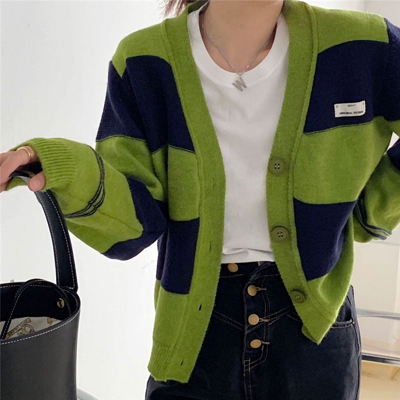 Áo khoác cardigan dệt kim phong cách thu đông hàn quốc màu xanh bơ