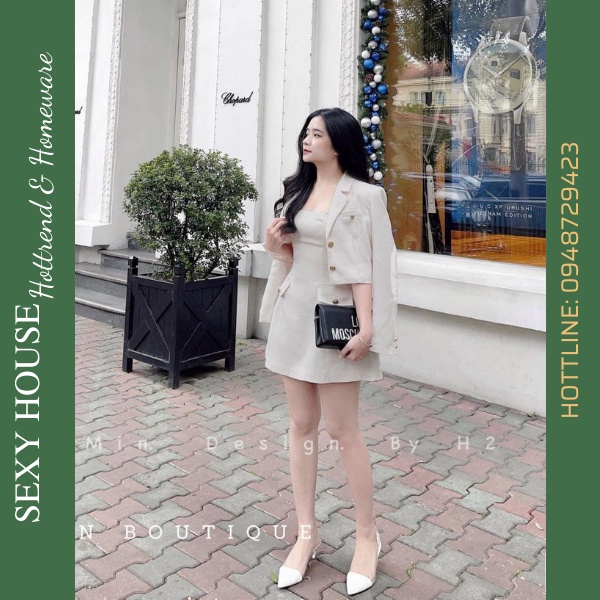 Set áo khoác dạ blazer túi ngọc kèm váy dạ hai dây siêu sang S222 SEXYHOUSE