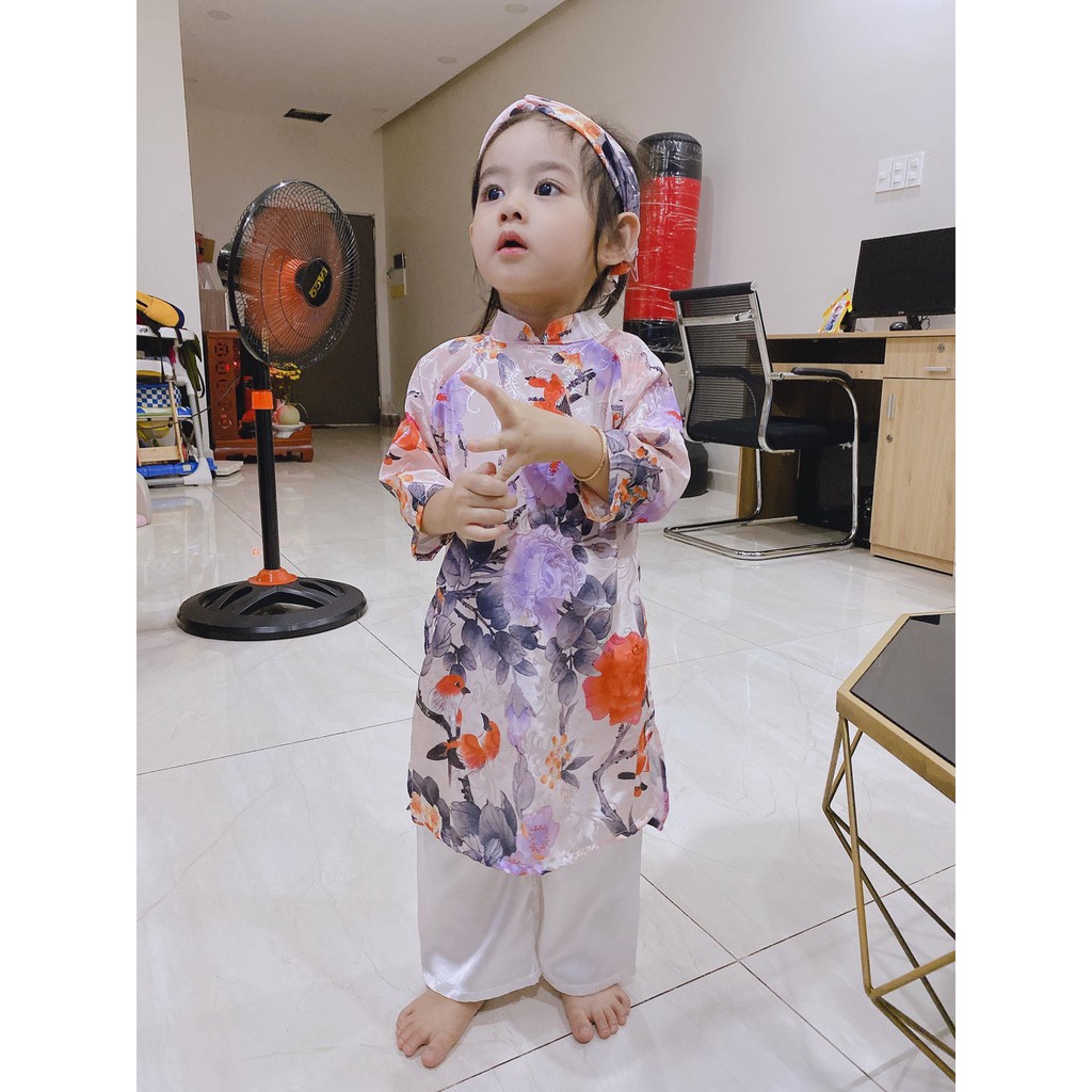 Áo Dài Cho Bé Gái Vải Gấm Họa Tiết (CHƯA CÓ QUẦN)