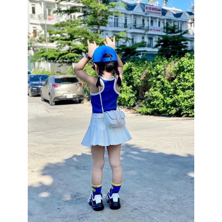 Sét váy xếp ly kèm áo ba lỗ cho bé gái, set áo tăm lạnh 3 lỗ kèm chân váy trắng xếp ly ( quần lót trong) cho bé