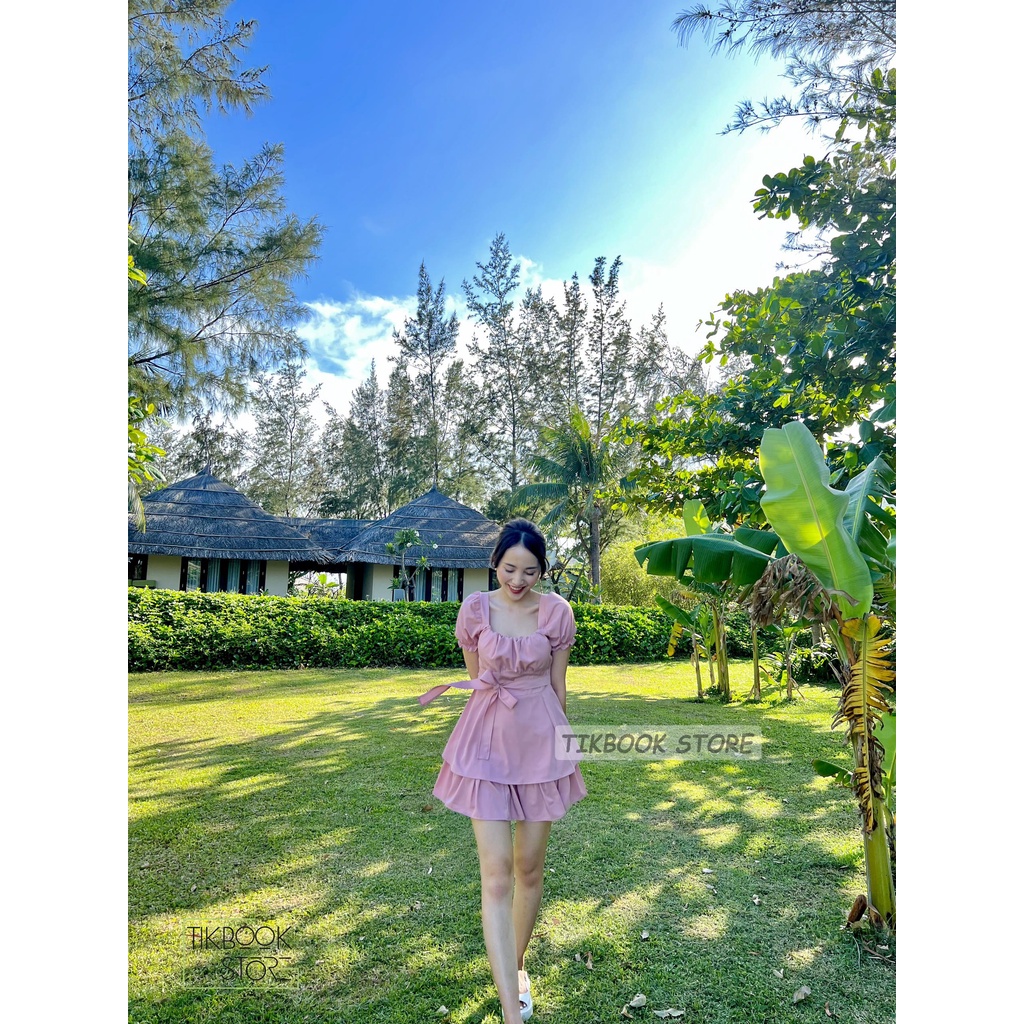 ĂNh thật- Váy tay bồng buộc eo thắt nơ - Tikbook Store