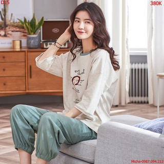 Đồ bộ mặc nhà cotton quần dài xanh lá áo ghi - Micha D33