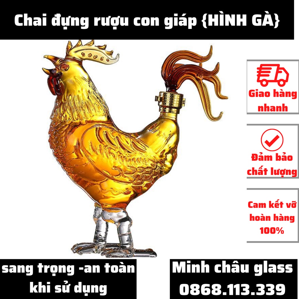 Chai đựng rượu thủy tinh 1000ML cao cấp mẫu Con Gà mẫu Dậu Vỏ Chai rượu 12 con giáp cao cấp làm quà tặng ý nghĩa
