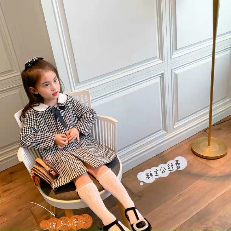 Áo dạ zikzac bé kiểu dáng váy kèm nơ