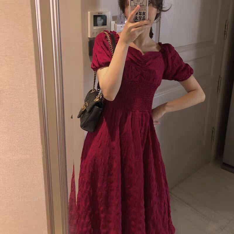Váy dáng dài Váy suông Váy maxi nữ Mùa hè phong cách mới cổ điển chuông kiểu Pháp vuông màu đỏ thắt lưng váy