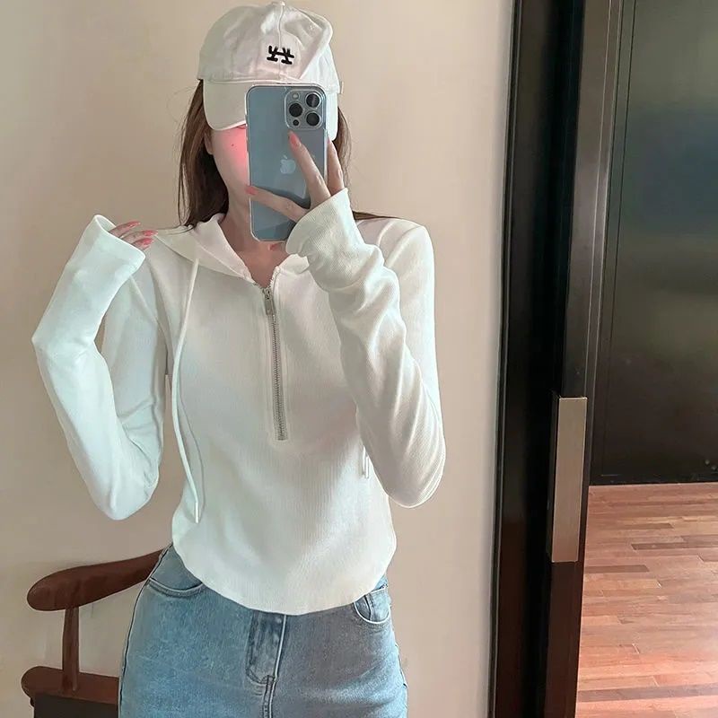 Áo Hoodie Lửng Tay Dài Có Khóa Kéo Phong Cách Hàn Quốc Thiết Kế Mới Dành Cho Nữ
