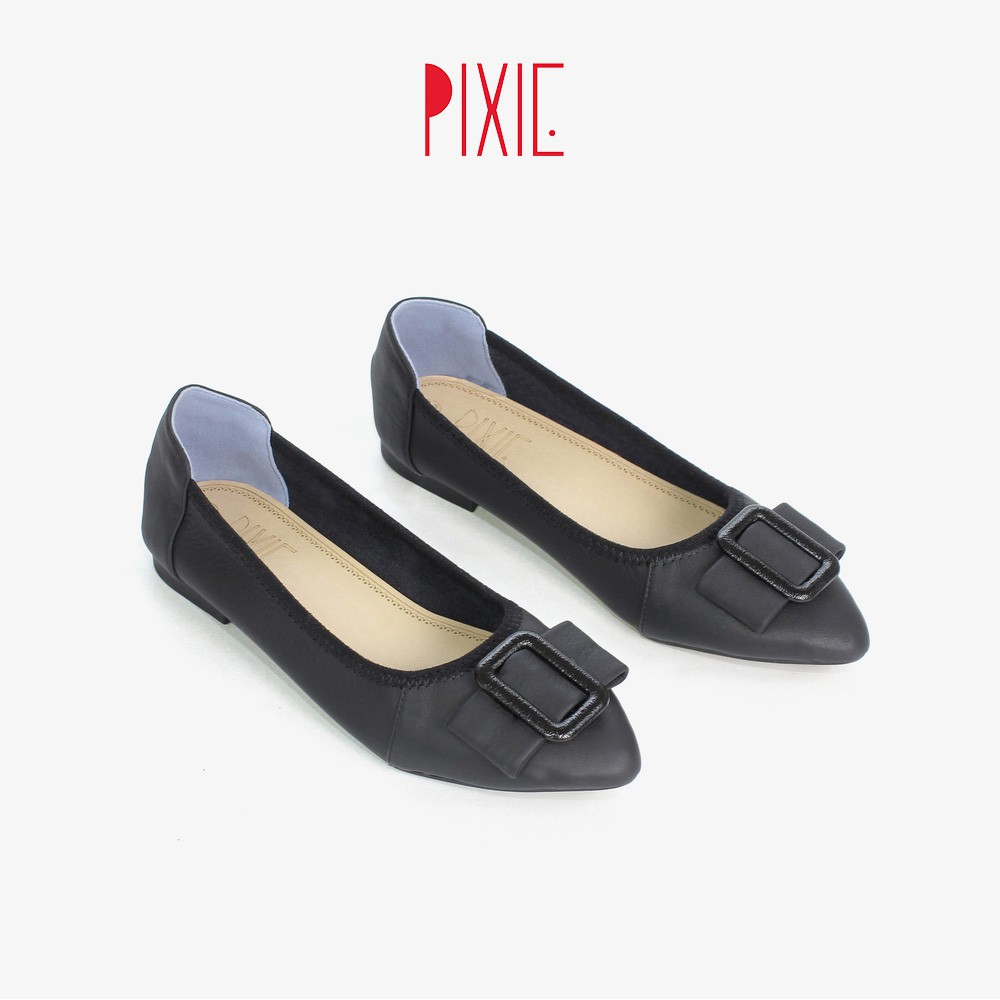 Giày Búp Bê Da Đế Mềm Khóa Vuông Màu Kem Pixie P243
