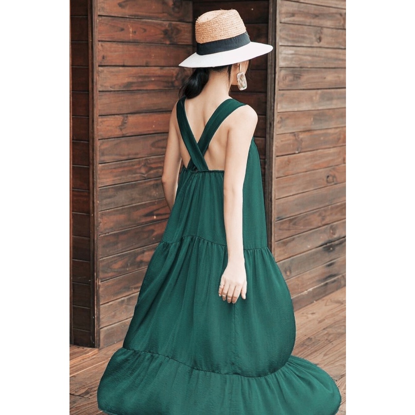 [Ảnh thật] Đầm maxi 2 dây cổ yếm tầng chéo lưng