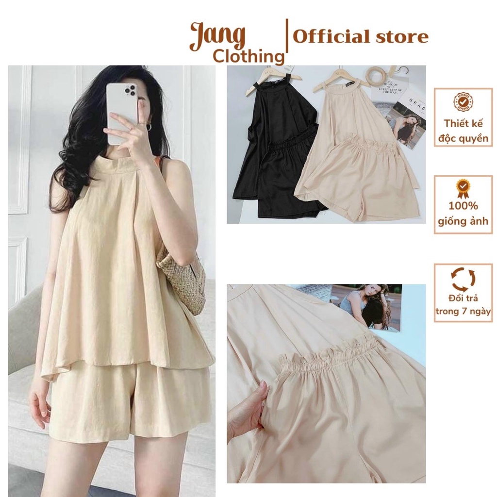 Sét đũi lụa áo cổ yếm kèm quần short chất mát mềm phong cách tiểu thư sang trọng