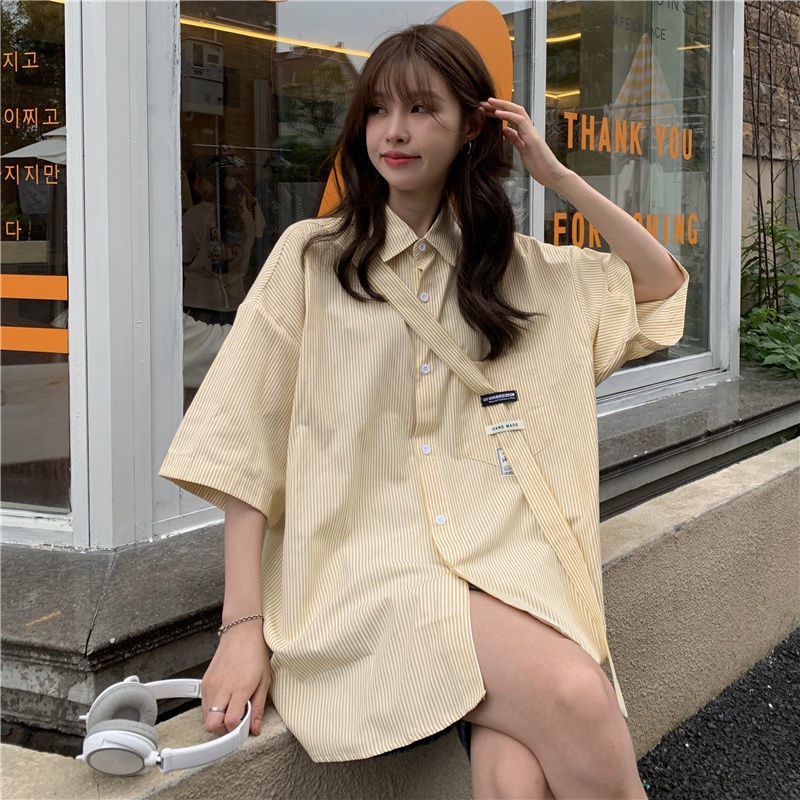 Áo Sơ Mi Tay Lỡ Dáng Rộng Họa Tiết Kẻ Sọc Thời Trang Hàn Quốc Cho Nữ