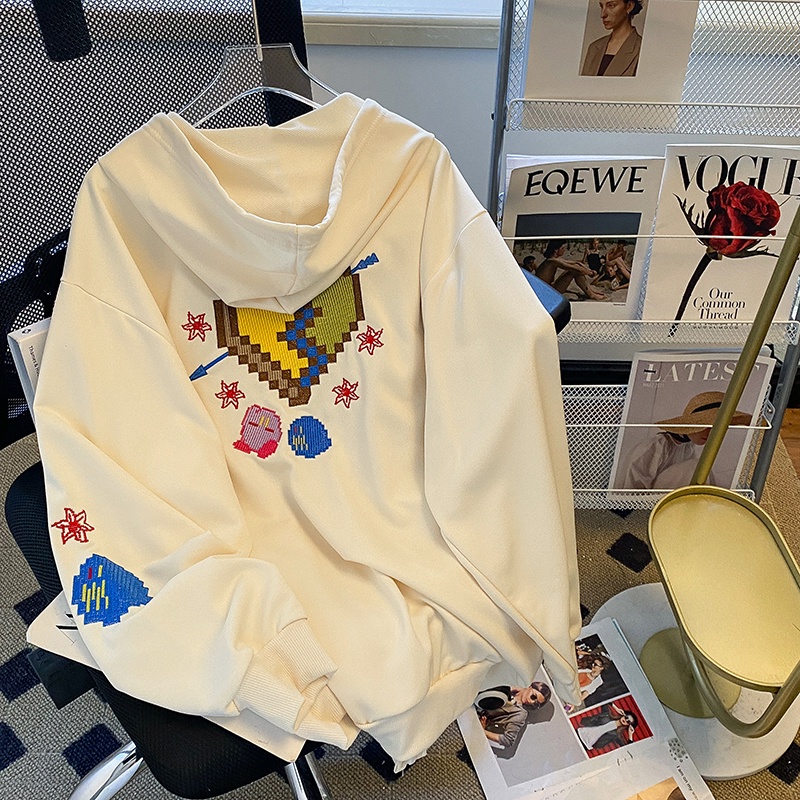 Áo khoác ZHELIHANGFEI có mũ trùm đầu tay dài dáng rộng thêu họa tiết ngọt ngào