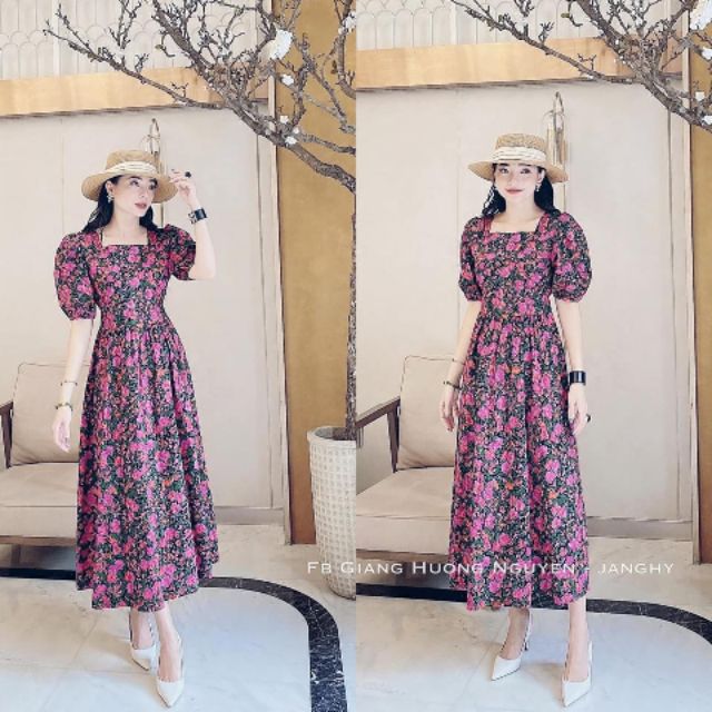 Váy maxi hoa tím cổ vuông