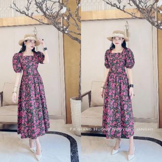 Váy maxi hoa tím cổ vuông