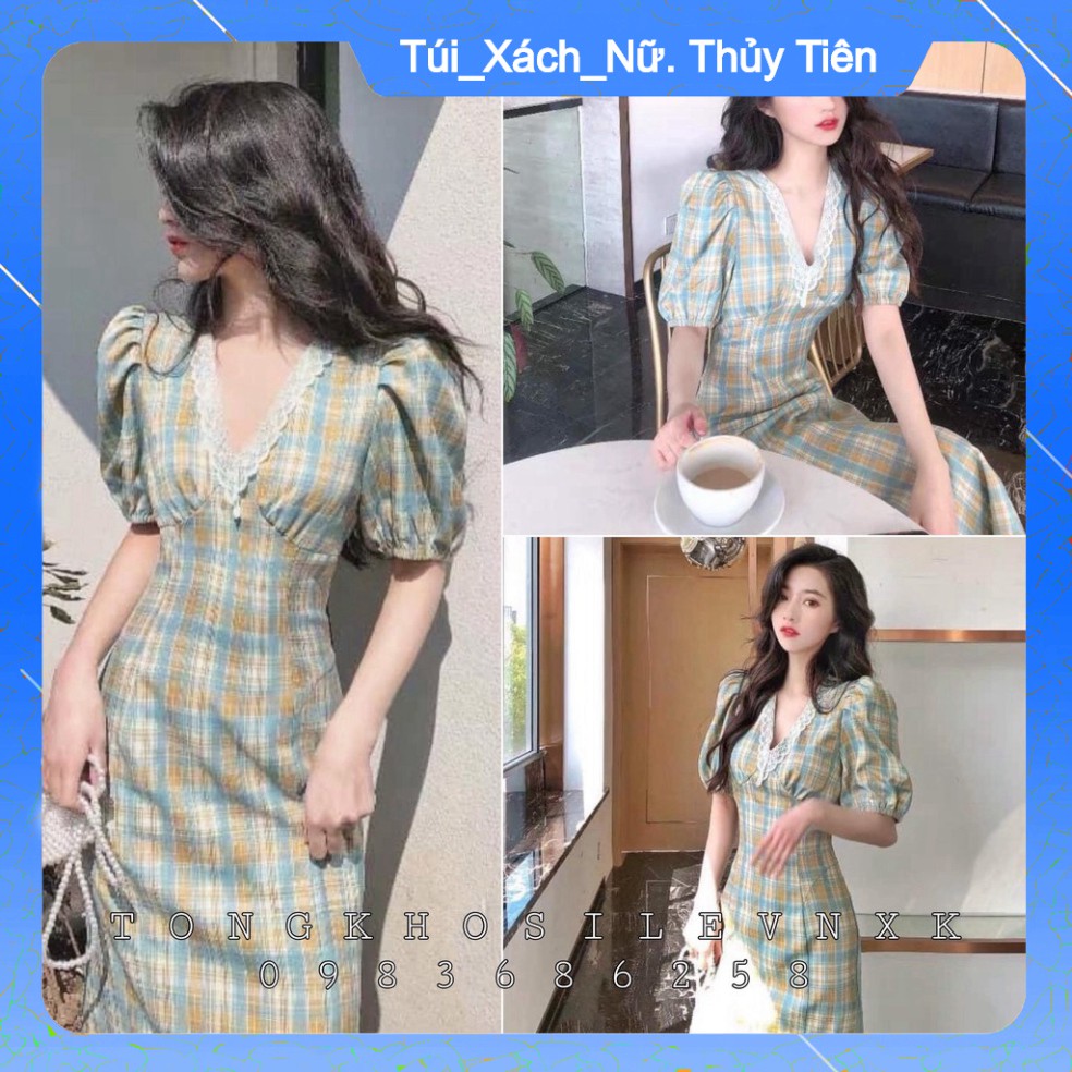 (Giá Gốc) VÁY KẺ XANH DÀI CỔ REN GAGA - ĐẦM MAXI CARO XANH REN NGỰC QUẢNG CHÂU -👗TTshop👑