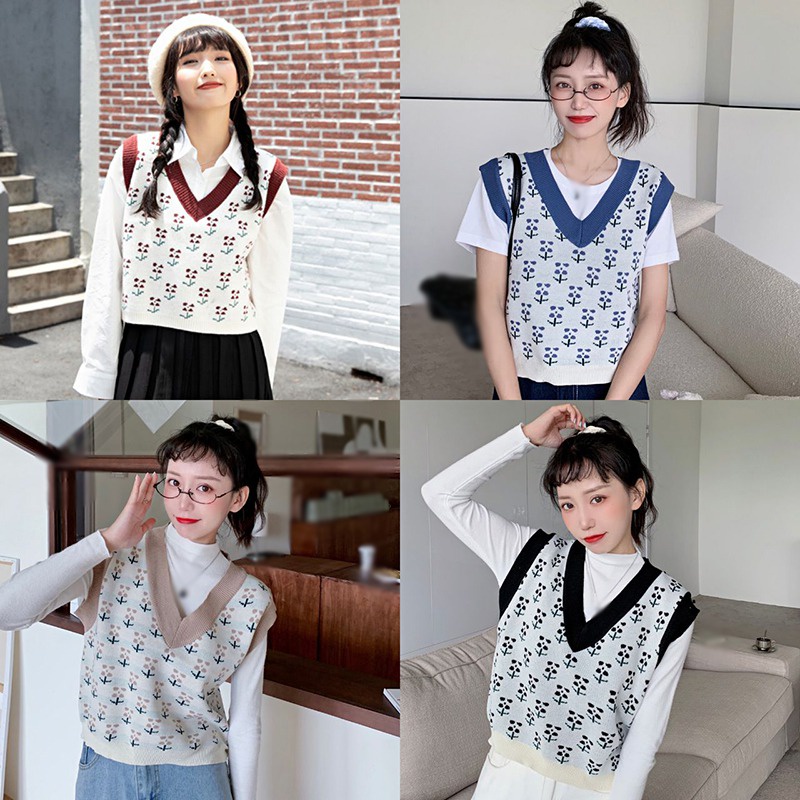 Phụ nữ cổ điển Áo len Vest mùa thu Hoa cổ chữ V Không tay dệt kim Vest rời
