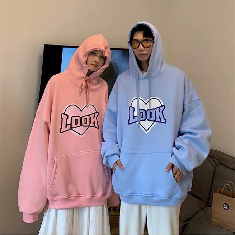 Áo hoodie in chữ LOOK ❤️ nỉ mũ 2 lớp có túi from rộng oversize nam nữ