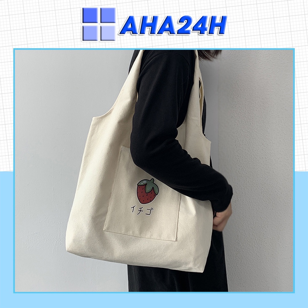 Túi tote vải canvas đi học đi chơi có túi nhỏ xinh in Dâu tây AH1632