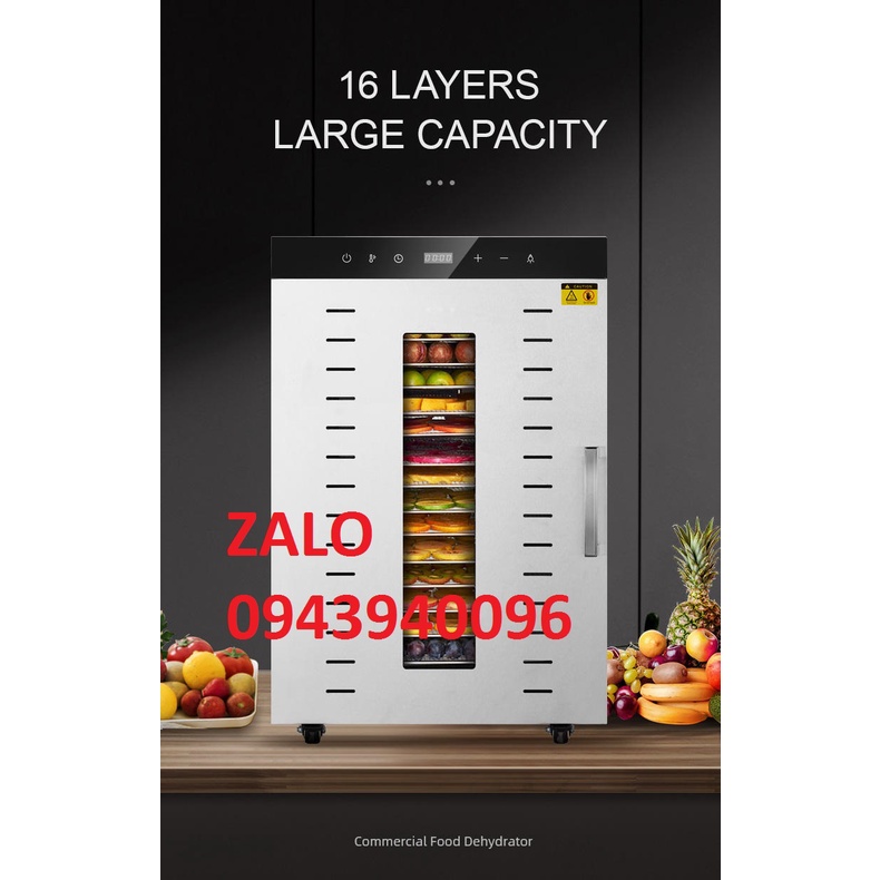 Máy sấy thực phẩm 16 khay sấy trái cây khô heo bò gà-inox 100%-lớp cách nhiệt dày dặn-bảo hành 1 năm