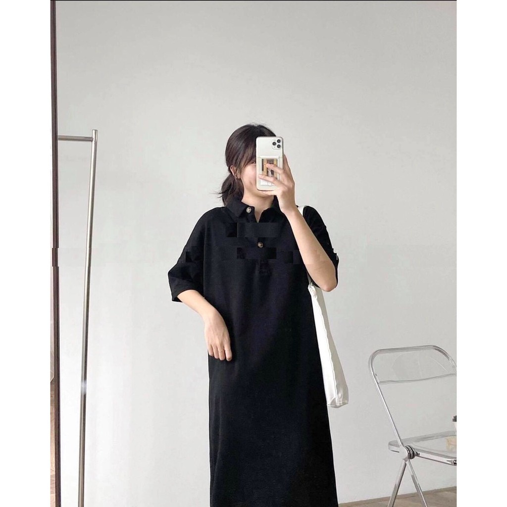 Váy Polo Cúc Đồng PEONYB Nữ [FREESHIP] 🌸 Đầm dáng suông màu đen trơn, thun tay lỡ bánh bèo cá tính Ulzzang 🌸