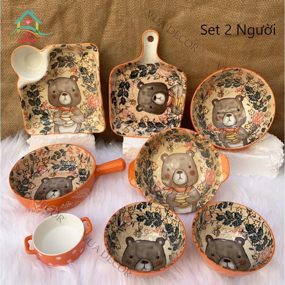 Set Bát Đĩa ⭐️Gấu Cam⭐️ Bát đĩa ăn cơm ăn mì, decor bàn ăn dễ thương S100