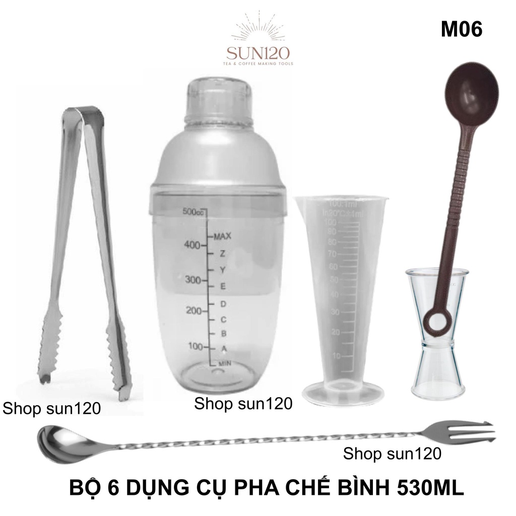 Bộ 6 dụng cụ pha chế cocktail trà sữa shaker 530ml nhựa M06 định lượng