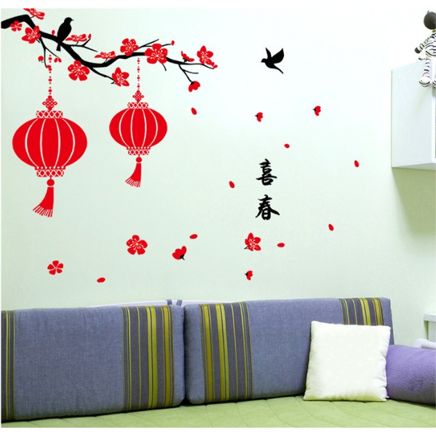 Decal trang trí tết - Cành Mai đỏ và 2 Lồng đèn size lớn ( KÈM VIDEO THẬT )