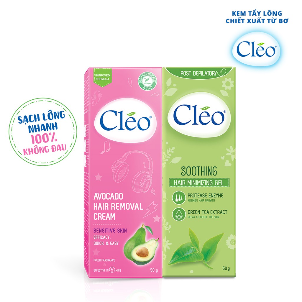 Combo kem tẩy lông Cléo Cho da nhạy cảm 50gr + Gel dưỡng da sau tẩy lông Cléo làm dịu da tức thì và dưỡng da ẩm mượt