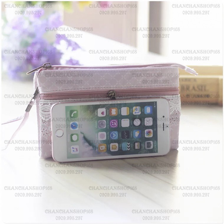 Ví tiền - điện thoại (size lớn) dây kéo HOA CÚC CARO chỉ 82K