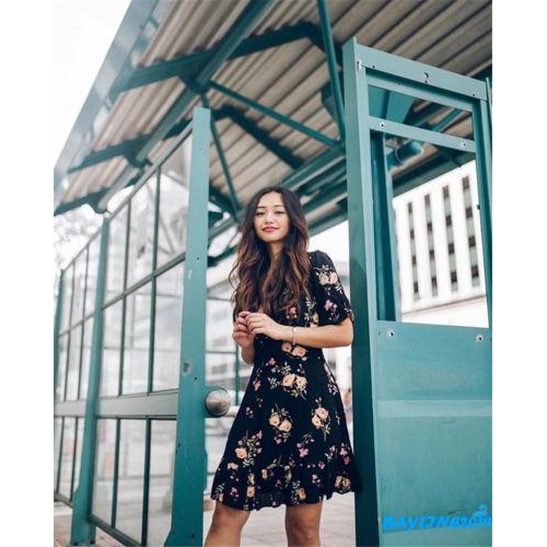 Đầm voan hoa cổ V thời trang dành cho nữ