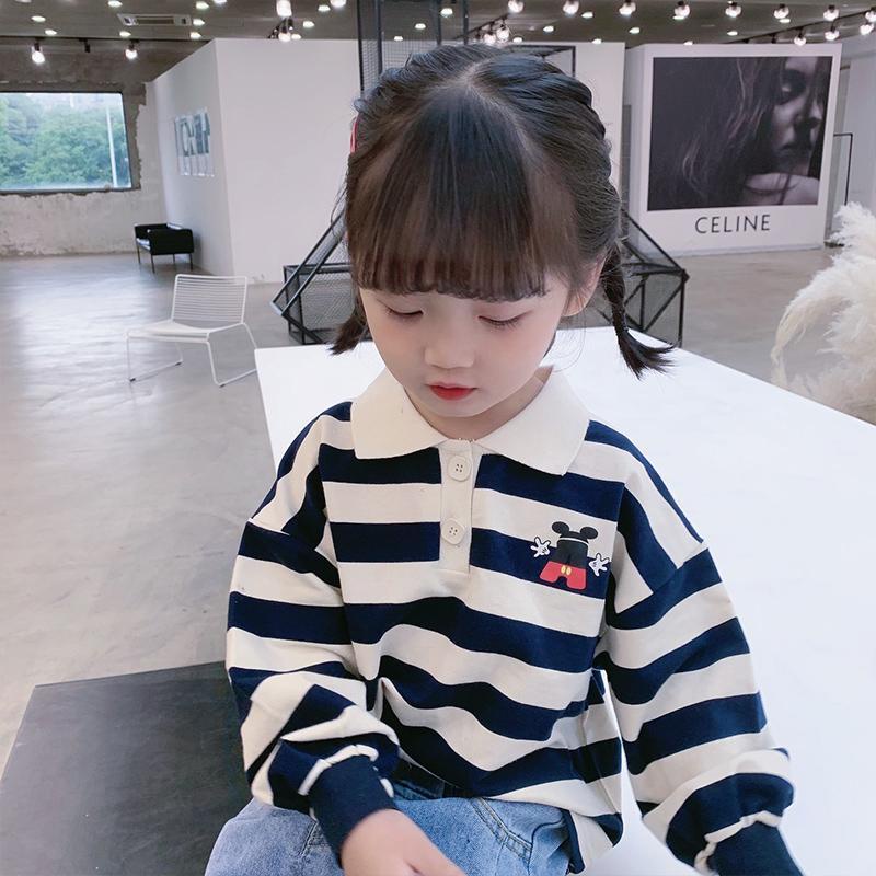 Áo thun Polo dài tay họa tiết kẻ sọc thời trang thu đông cho bé gái
